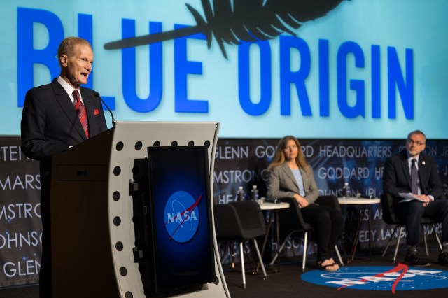 NASA Administrator Bill Nelson announces Blue Origin as the company selected to develop a sustainable human landing system for the Artemis V Moon mission, Friday, May 19, 2023 at the Mary W. Jackson NASA Headquarters building in Washington.