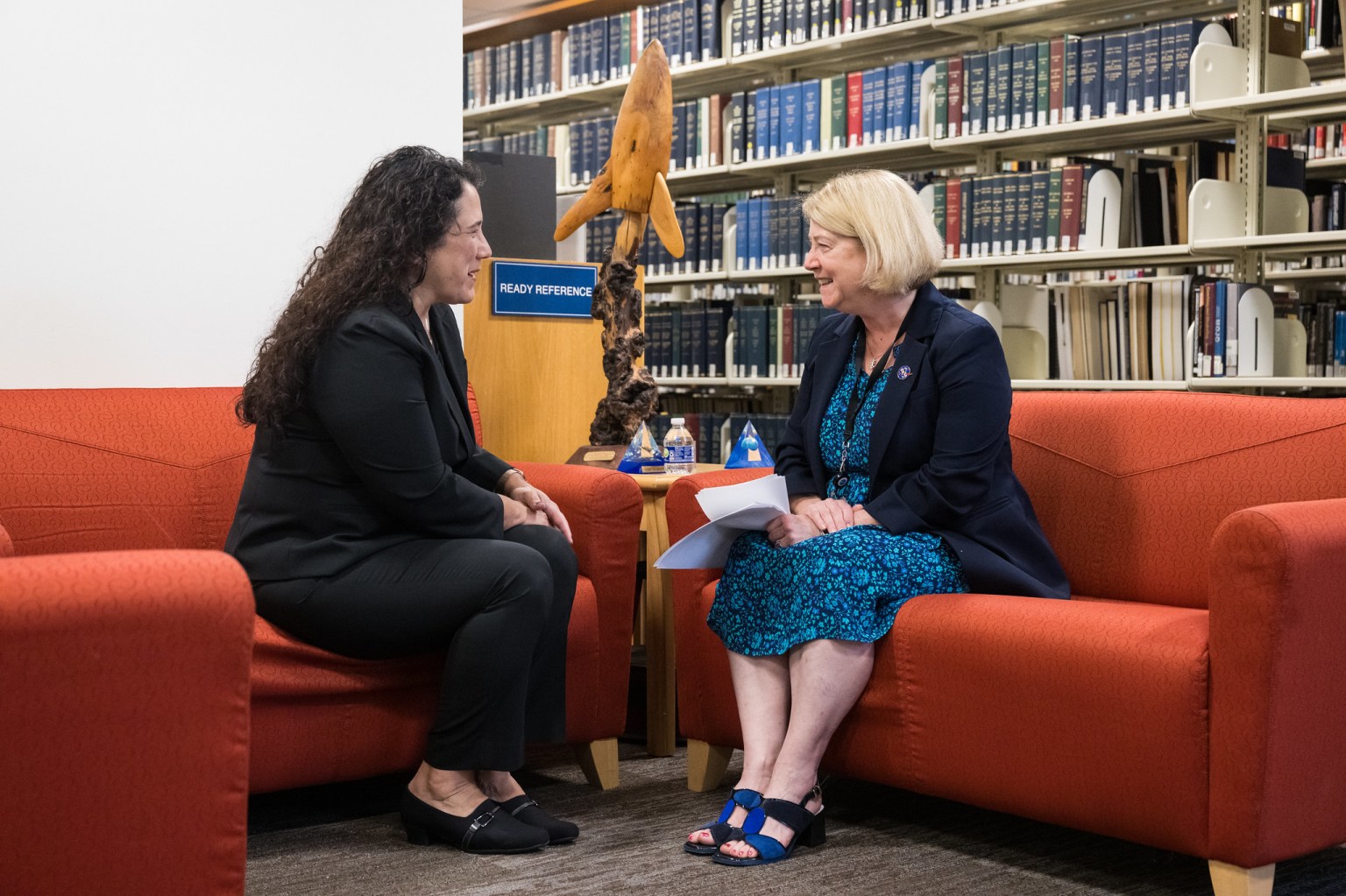 Isabella Casillas Guzman, Administrator of the Small Business Administration (SBA), left, speaks with NASA Deputy Administrator Pam Melroy before unveiling the 2022 Small Business Federal Procurement Scorecard, at an event hosted by NASA, Tuesday, July 18, 2023 in the Earth Information Center at the Mary W. Jackson NASA Headquarters building in Washington.