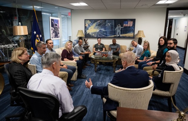 NASA Deputy Administrator Pam Melroy, left, Bob Cabana, NASA associate administrator, and NASA Administrator Bill Nelson, speak with the 2021 astronaut candidate class, Wednesday, Oct. 18, 2023, at the Mary W. Jackson NASA Headquarters building in Washington.