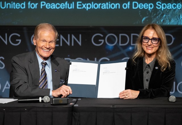 NASA Administrator Bill Nelson, left, and Minister of Innovation and Growth for Bulgaria, Milena Stoycheva, pose for a photo during an Artemis Accords signing ceremony, Thursday, Nov. 9, 2023, at the Mary W. Jackson NASA Headquarters building in Washington.