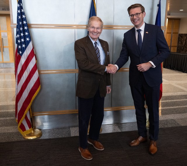 NASA Administrator Bill Nelson, left, and Martin Kupka, Minister of Transport for the Czech Republic, pose for a picture ahead of a meeting at the Mary W. Jackson NASA Headquarters building, Monday, Jan. 22, 2024, in Washington.