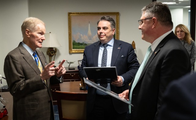 NASA Administrator Bill Nelson, left, speaks with Bulgarian Minister of Finance Assen Vassilev, center, and Bulgarian Ambassador to the United States Georgi Panayotov, right, during a meeting at the Mary W. Jackson NASA Headquarters building, Wednesday, Feb. 7, 2024, in Washington.