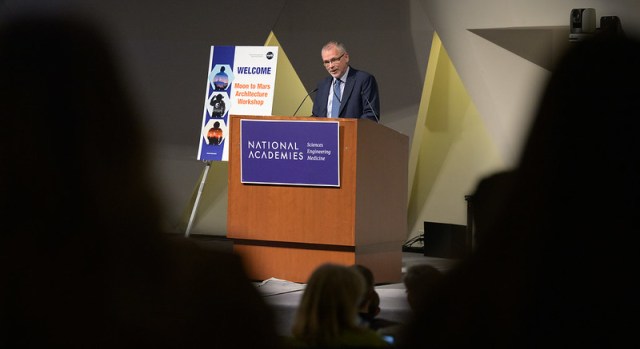 NASA Associate Administrator Jim Free gives opening remarks at the Moon to Mars Architecture Workshop, Tuesday, Feb. 20, 2024, at the National Academy of Sciences in Washington.