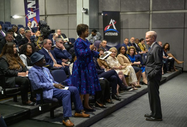 NASA Administrator Bill Nelson addresses a Diplomatic Corps during a U.S. Department of State Open House, Monday, April 29, 2024, at the NASA Headquarters Mary W. Jackson Building in Washington.