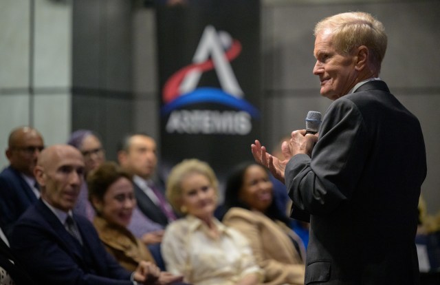 NASA Administrator Bill Nelson addresses a Diplomatic Corps during a U.S. Department of State Open House, Monday, April 29, 2024, at the NASA Headquarters Mary W. Jackson Building in Washington.