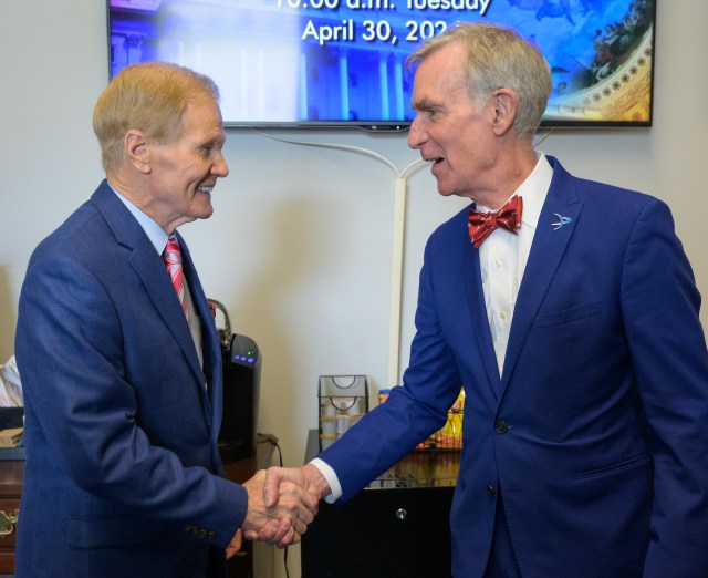 NASA Administrator Bill Nelson, left, and Planetary Society CEO and Science educator, Bill Nye, shake hands, Tuesday, April 30, 2024, at the Rayburn House Office Building in Washington.
