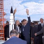 Wernher von Braun explains the Saturn system to President John F. Kennedy at Launch Complex 37 while the president tours the Cape Canaveral Missile Test Annex in 1963.