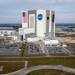 An aerial view of the Vehicle Assembly Building at Kennedy Space Center in Florida.