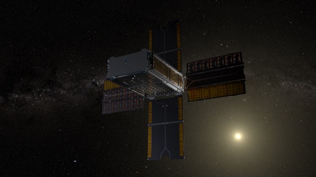Illustration of the BioSentinel spacecraft with its four solar arrays deployed, facing the Sun. The Milky Way is seen in the background.