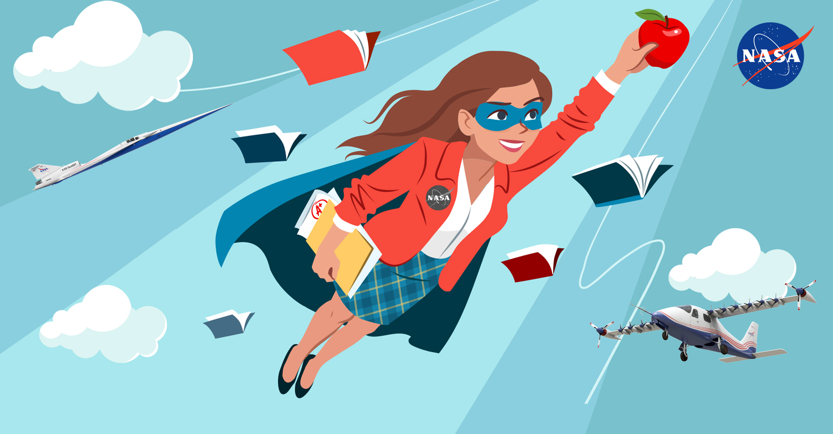 Illustration of a superhero teacher in flight with books and the X-59 and X-57 aircraft in flight as well.