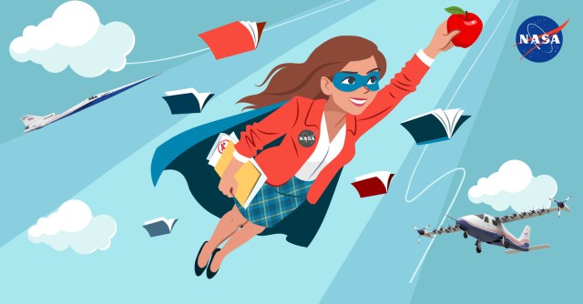  Ilustración de una maestra superheroína volando, con libros bajo su brazo, y los aviones X-59 y X-57 también en el cielo.