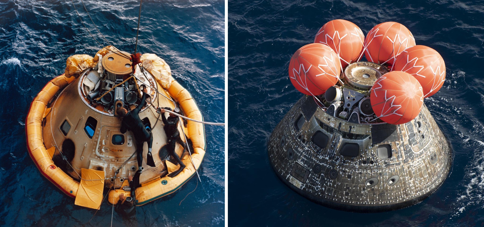 Collage image of splashdown of Apollo and Orion capsules.