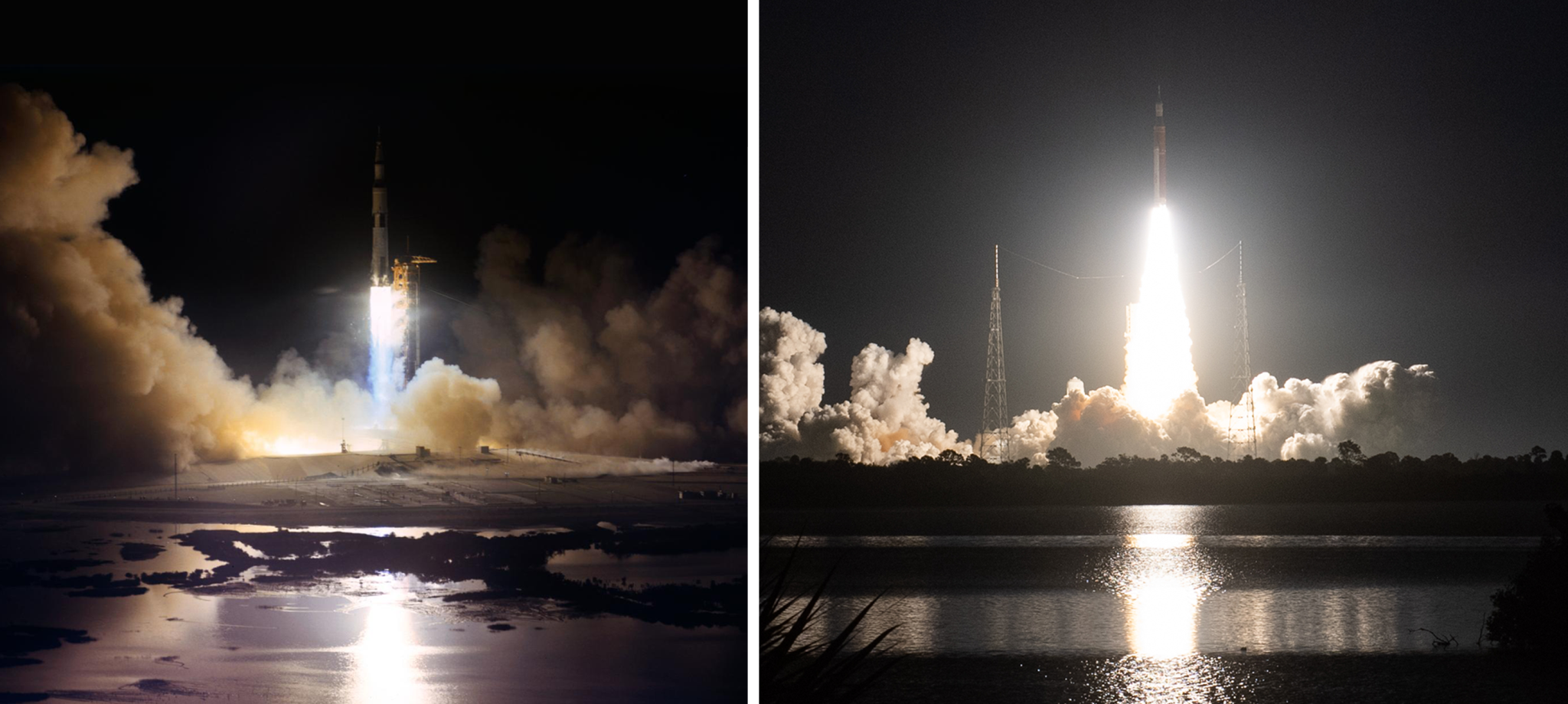 Side by side images of Apollo 17 and Artemis I launching.