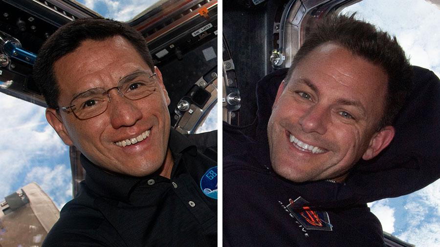 NASA astronauts (from left) Frank Rubio and Josh Cassada will conduct their third spacewalk together and install the space station's fourth roll-out solar array.