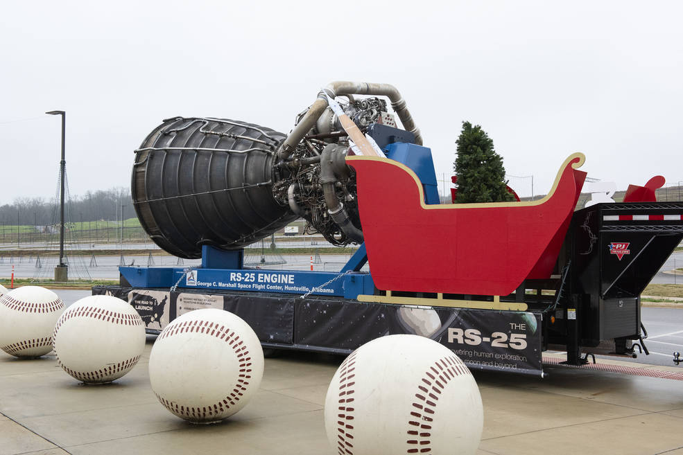 An RS-25 engine is attached to Santa’s sleigh on display at Toyota Field during the Orion Splashdown Party. 