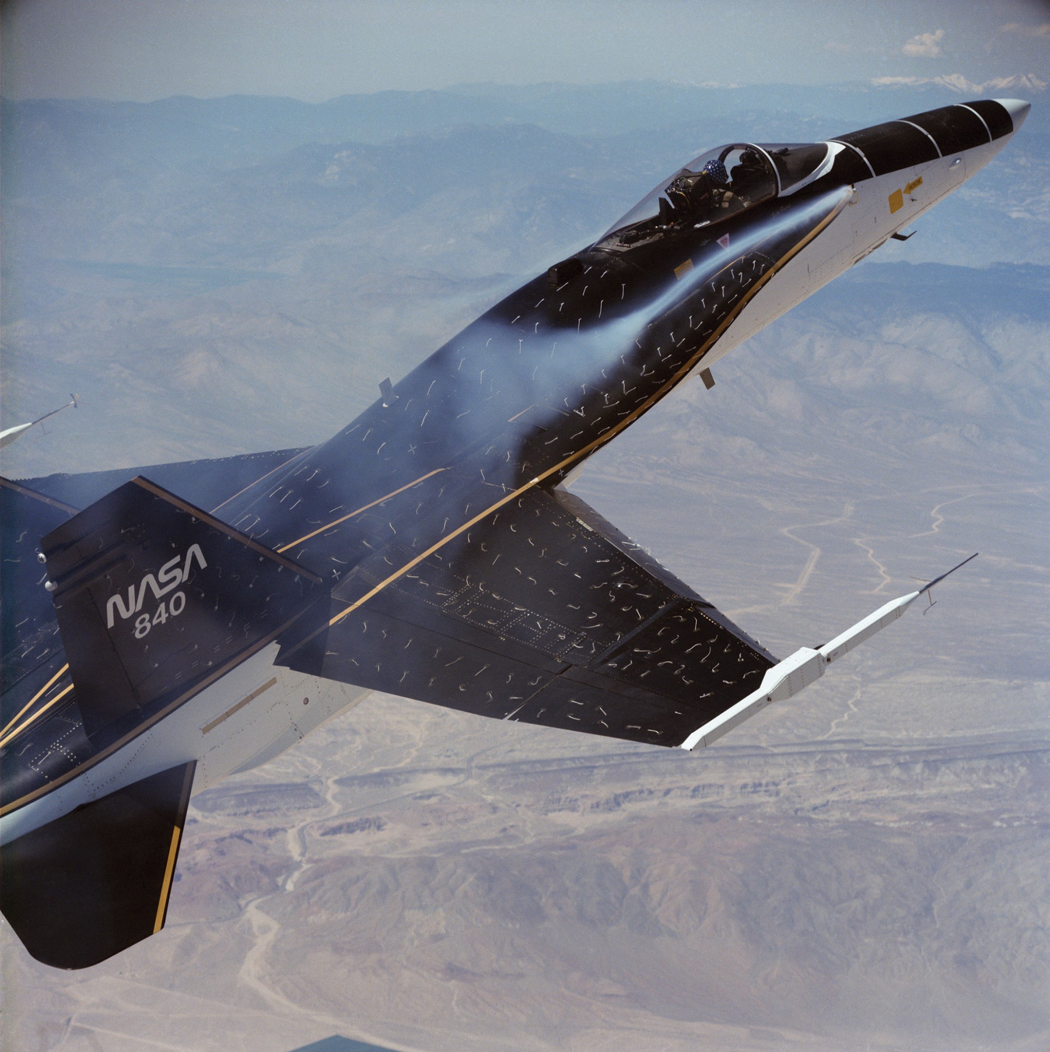 NASA Armstrong (then Dryden) researchers used smoke generators and yarn tufts for flow visualization studies on an F/A-18 as part of the High Alpha Research Vehicle (HARV) project.