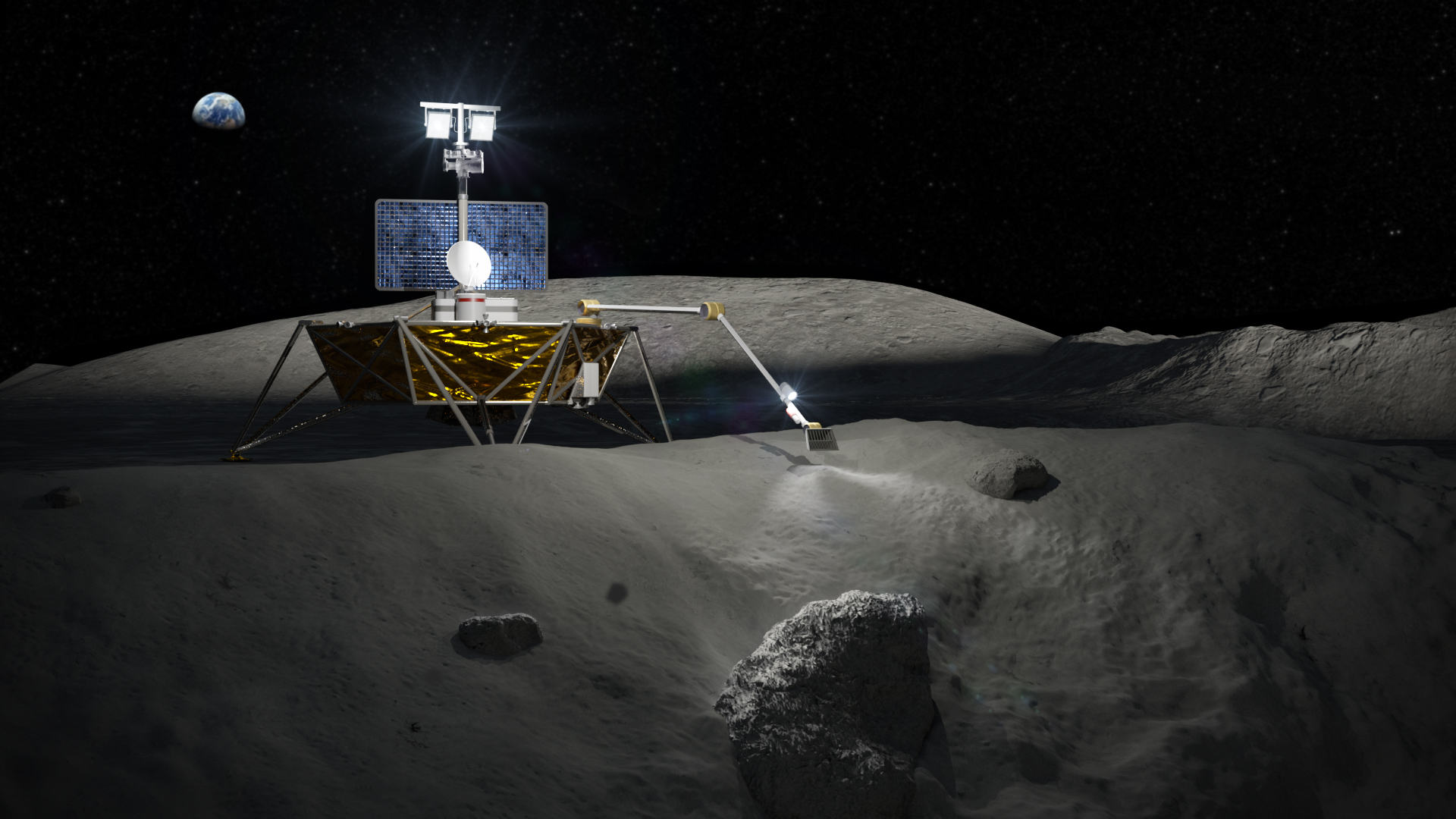 Rover on lunar surface with earth in distant sky