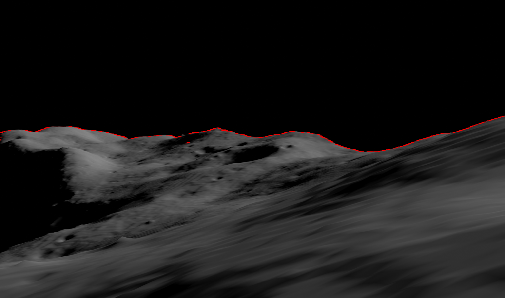 black and grey landscape under a black sky shows dimly-lit craters on the moon. red lines mark the boundary between land and sky