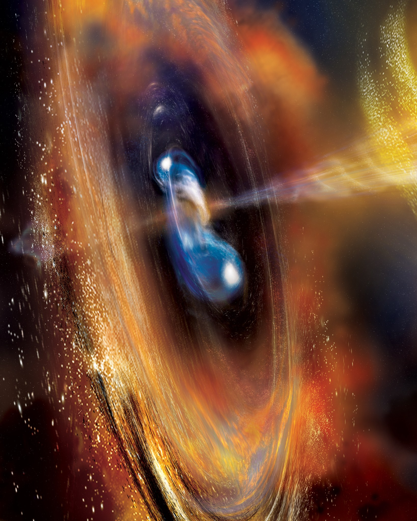 Two blue neutrons stars orbit each other in this illustration. They're embedded in a disk of gas that starts off purple and then shades to gold and red as it moves outward. Jets of material emerge from just above and below the disk. .
