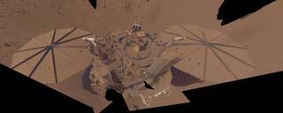The final image of the Mars Insight. It is a image of the rover with Mars dust covering it.