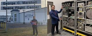 Two photos of a intern from Puerto Rico working at NASA's Marshall Space Flight Center in Huntsville, Alabama. The young man stands in front of the ISS Operations Center in one photo.