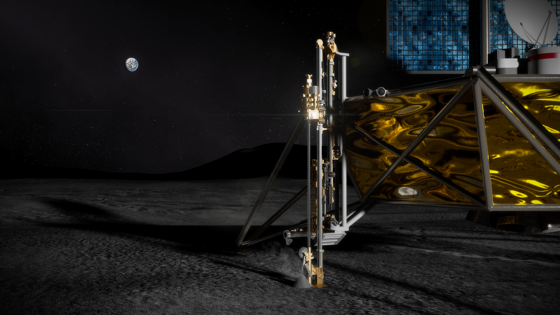Artist rendition of ISRU Prime Drill on lunar surface with Earth in the distance.