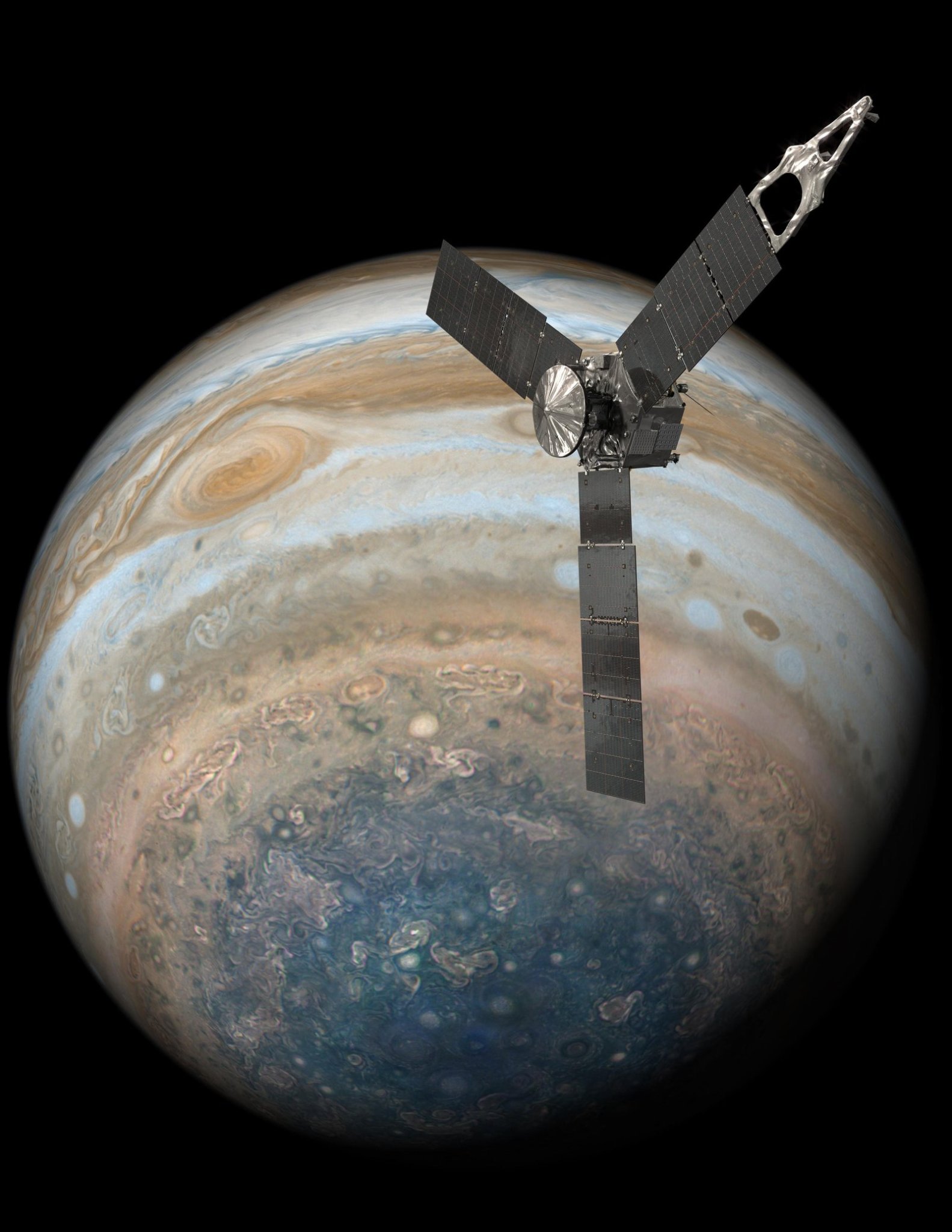 This illustration depicts NASA’s Juno spacecraft soaring over Jupiter’s south pole.