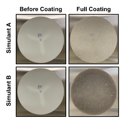 Before and after images of test sample surfaces coated by the Lunar Dust Distributor with two different types of lunar regolith simulant.