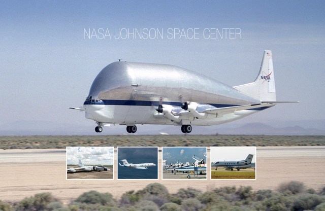 NASA Johnson Center Aircraft. The large image is of the Super Guppy and the smaller images (left to right): 1. WB57 (N926NA, N927NA, & N928NA), G-V (N95NA), T-38 Fleet and the G-III (N992NA).