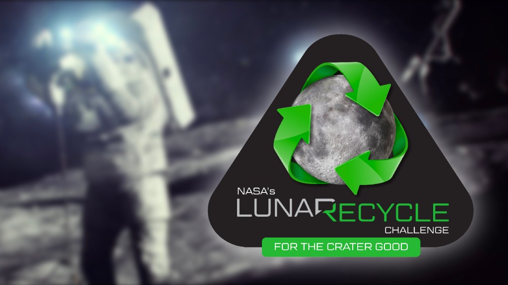 Astronaut on lunar surface, NASA’s LunaRecycle Challenge logo, for the crater good.