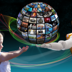Graphic of a little girl reaching out her hand to the globe made of images while Robonaut is on the other side of the globe reaching out to the little girl