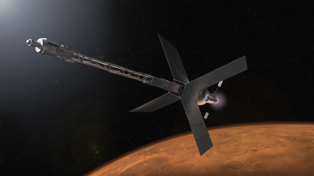 Artist concept of space vehicle above Mars.