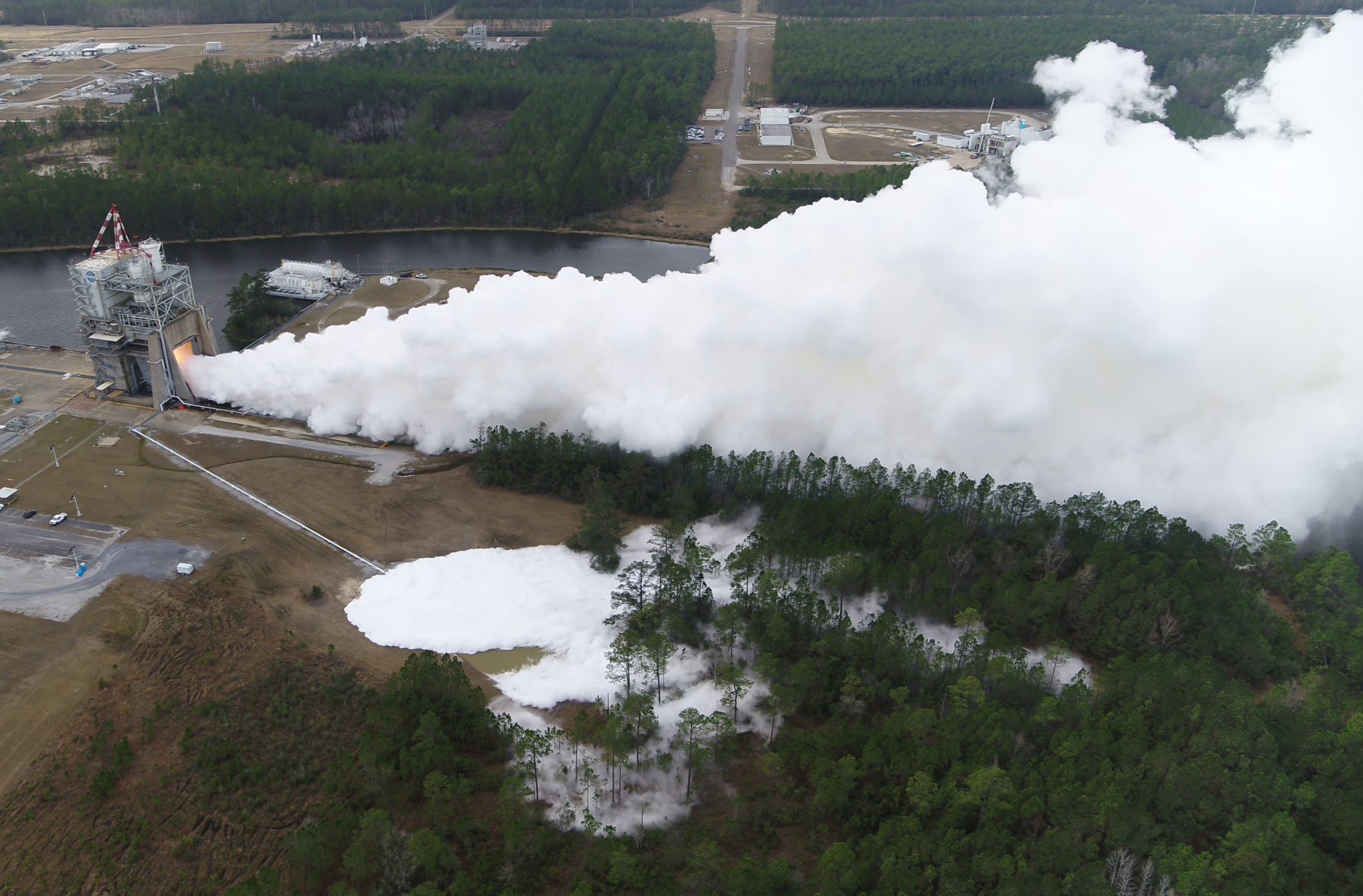 A drone image offers a bird’s-eye view of an RS-25 hot fire conducted on the Fred Haise Test Stand at NASA’s Stennis space Center on Feb. 24, 2022