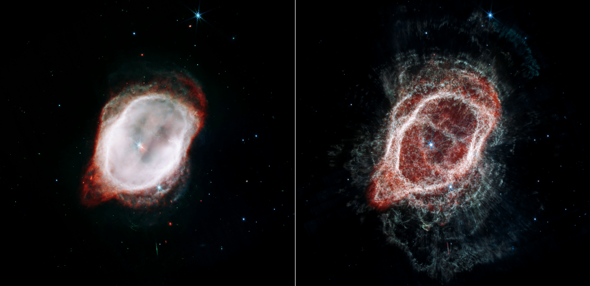 Two views of the same nebula shown side by side. Both show a misshapen oval nebula. The left image shows an almost solid white oval. The right image shows a large translucent pink-and-red irregular oval, and wavy patterns that extend all around the edges.