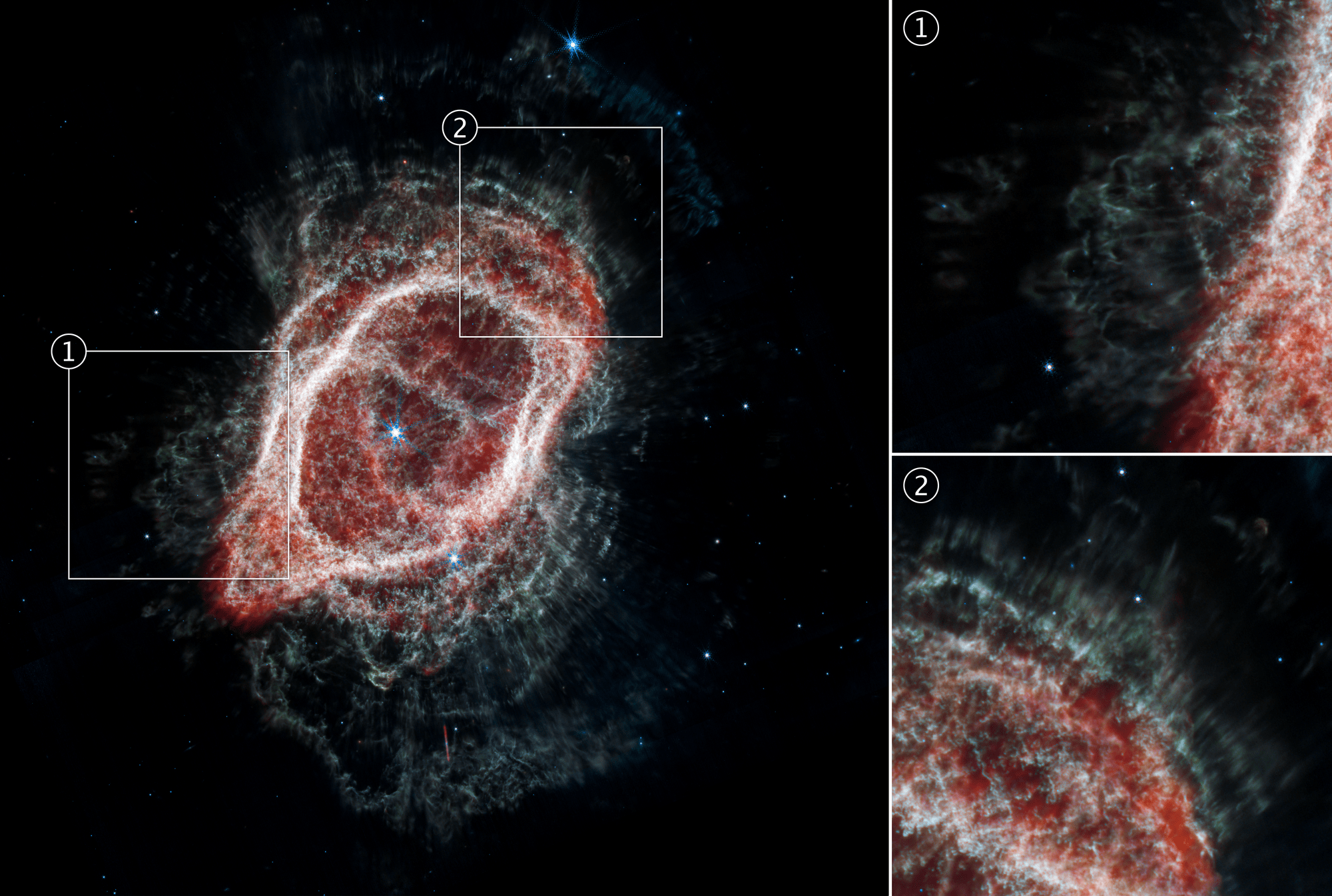 The Southern Ring Nebula shown at left with two large boxes overlaid zooming in on different portions of the nebula. All are a large translucent pink-and-red irregular oval, and wavy patterns that extend all around the edges.