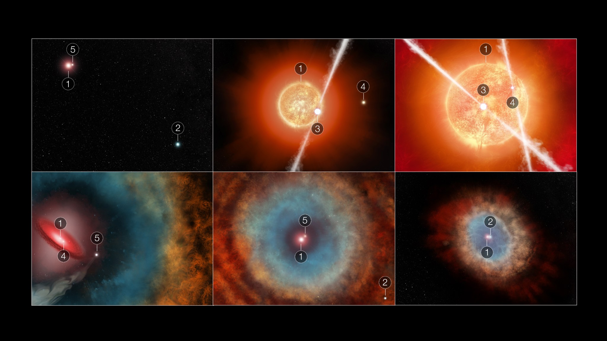Six-panel illustration depicts the interactions among five stars that may have helped make the shapes in the Southern Ring Nebula.