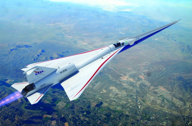 Artist illustration of the X-59 over land.