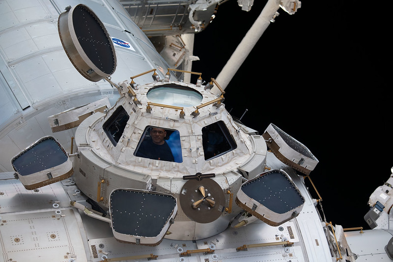 image of an astronaut peeking through the cupola window on the space station