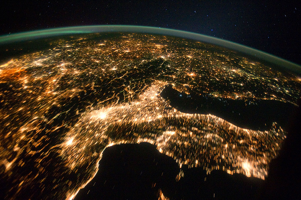 Lights brighten the night sky in this image of Europe