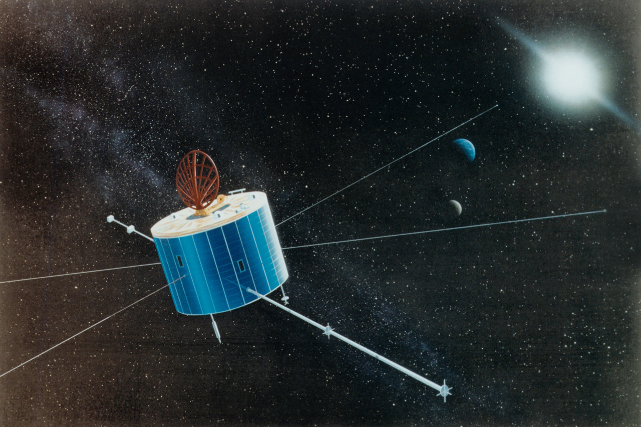 The Geotail mission is a blue cylinder with a white top. An orange, flat circle sits upright on top of it, with lines going across it. 6 long poles stick out all from around the spacecraft. The Earth, Moon, and Sun are in the background.