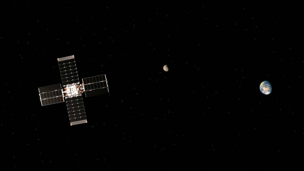 A small spacecraft is shown on a black background with moon and Earth in the distance.