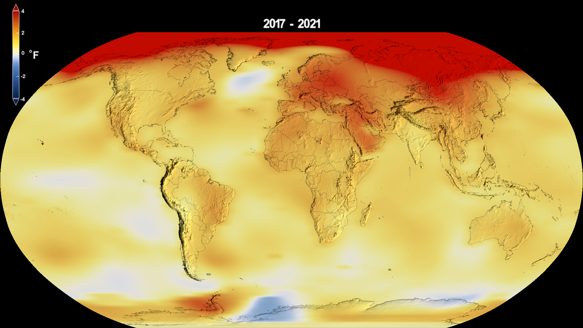 Global five-year average temperature anomalies from 2017-2021 from the NASA GISS analysis.