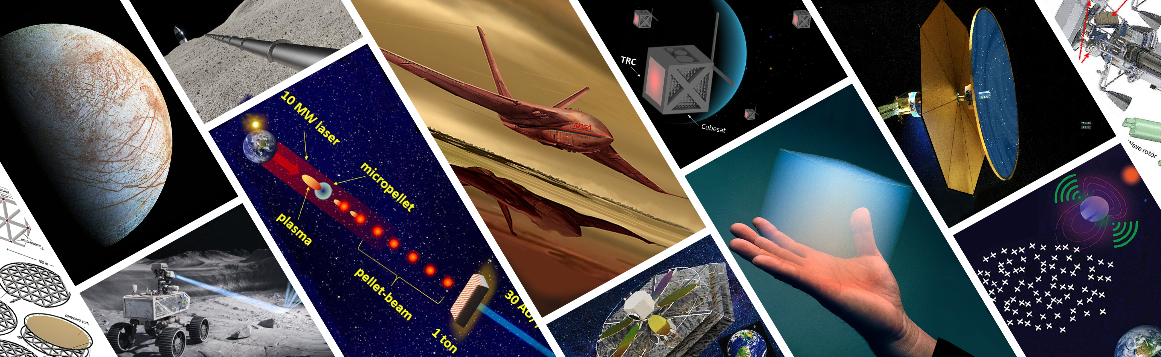A mosaic of images showing futuristic technologies in space and on the Moon and other worlds.