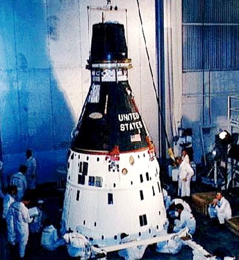 View of a Gemini spacecraft at Hangar S at Cape Canaveral Air Force Station.