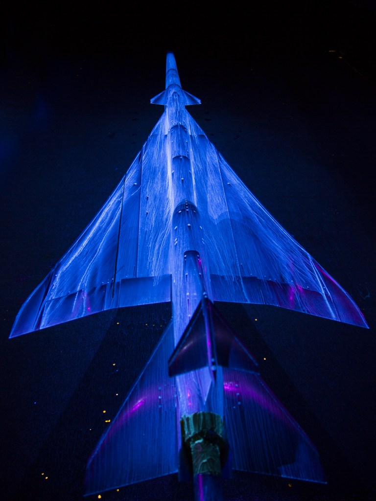 This is a photo of an oil test on the Quesst model in the 14x22 Wind Tunnel at NASA Langley.