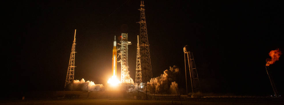 The Space Launch System rocket launching on the Artemis I flight.