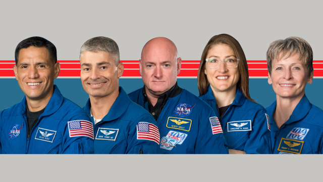 (From left) Frank Rubio, Mark Vande Hei, Scott Kelly, Christina Koch, and Peggy Whitson are pictured in a composite image. All five NASA astronauts have spent an extended amount of time in space.