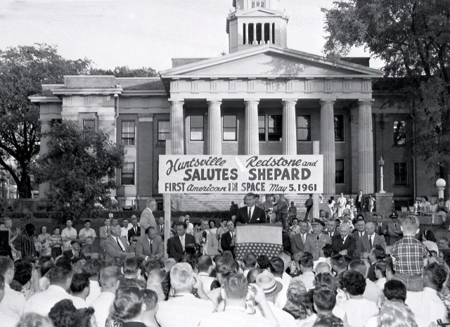 Dr. Wernher von Braun addresses a crowd celebrating In front of the Madison County, Alabama courthouse