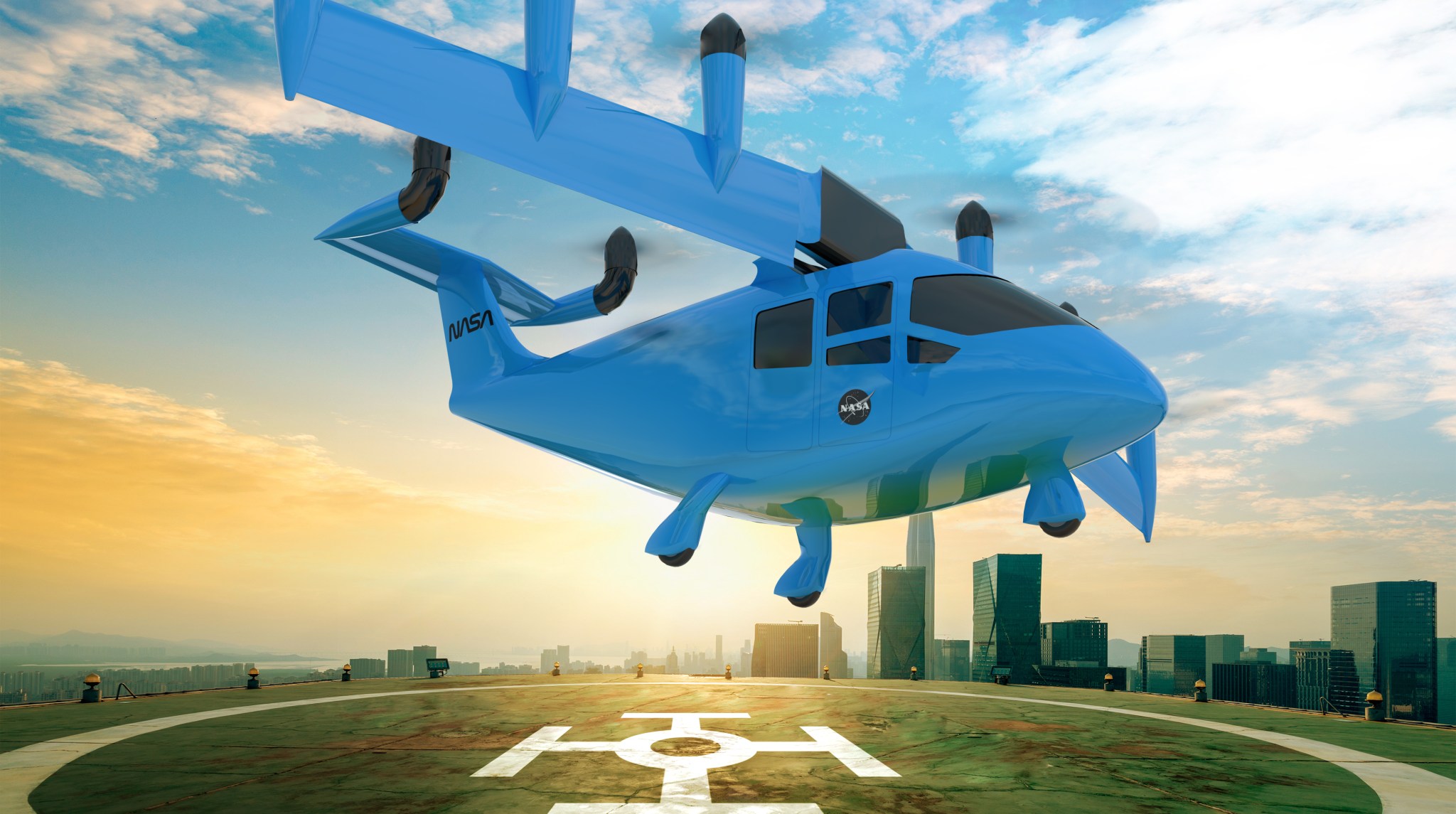 Artist illustration of an unmanned passenger aircraft preparing to land on the vertiport.