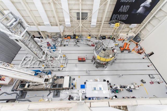 High level view of Orion - EM-1 - Artemis Spacecraft Departure at the Space Environments Complex, SEC Thermal Vacuum Chamber at the Neil A. Armstrong Test Facility